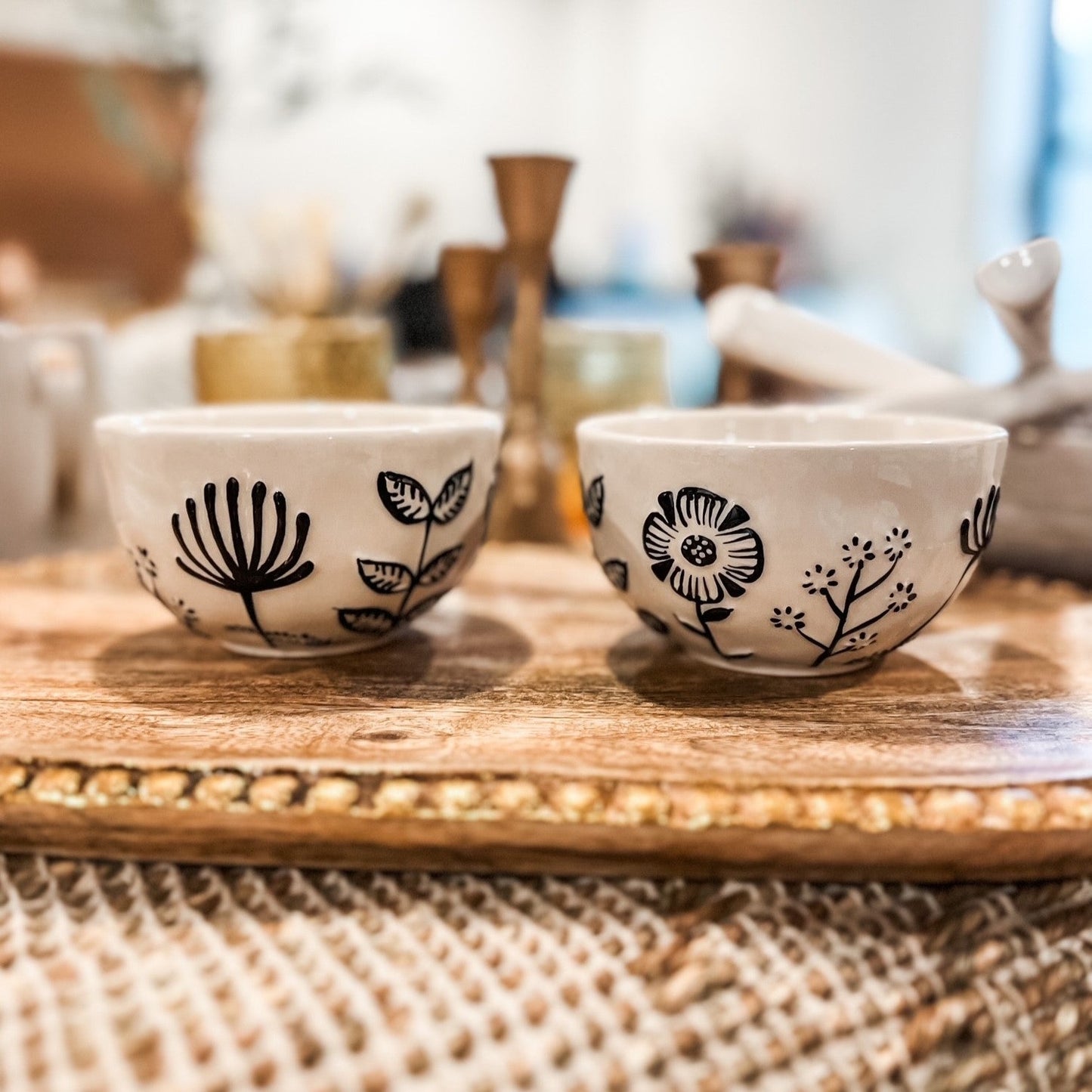HAND PAINTED STONEWARE BOWL WITH EMBOSSED FLOWERS