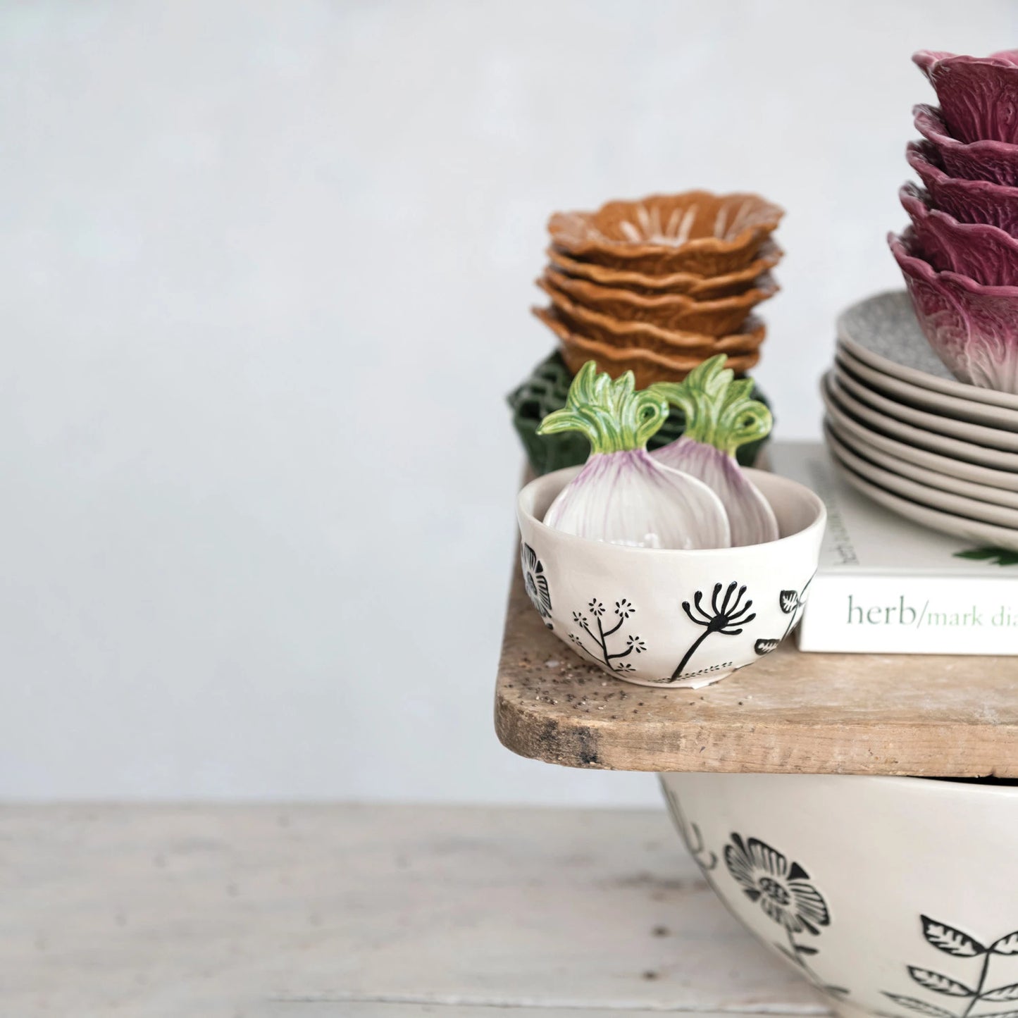 HAND PAINTED STONEWARE BOWL WITH EMBOSSED FLOWERS