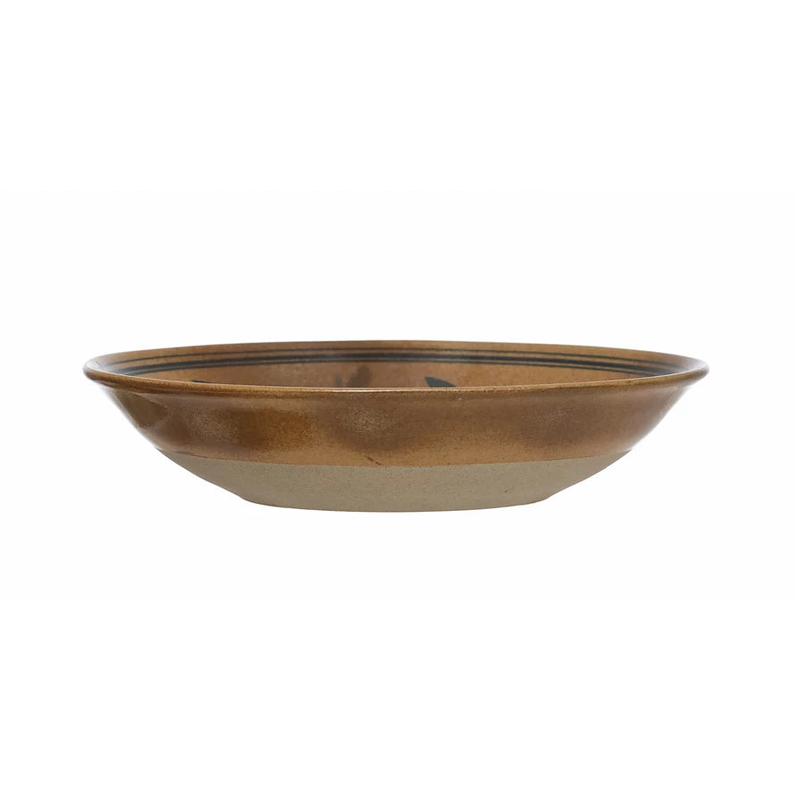 HAND PAINTED STONEWARE SERVING BOWL WITH VINE DESIGN, REACTIVE GLAZE