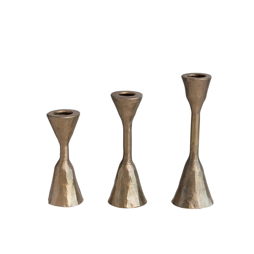 HAND FORGED IRON TAPERS- ANTIQUE BRASS FINISH, SET OF 3