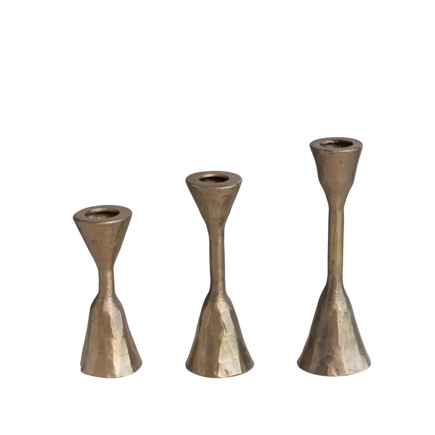 HAND FORGED IRON TAPERS- ANTIQUE BRASS FINISH, SET OF 3