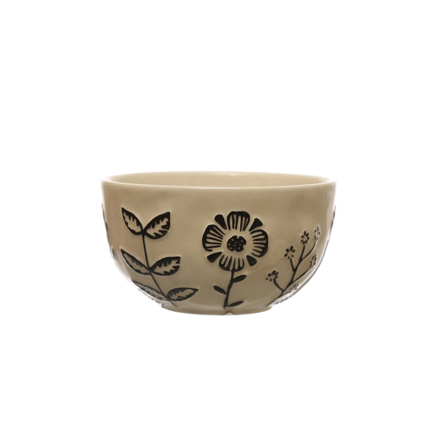 HAND PAINTED STONEWARE BOWL WITH EMBOSSED FLOWERS
