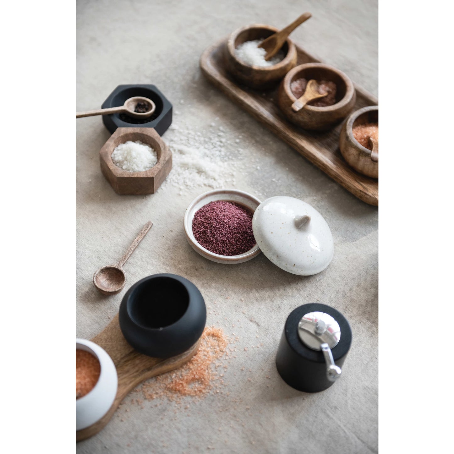 MANGO WOOD TRAY WITH 3 BOWLS & SPOONS, SET OF 7