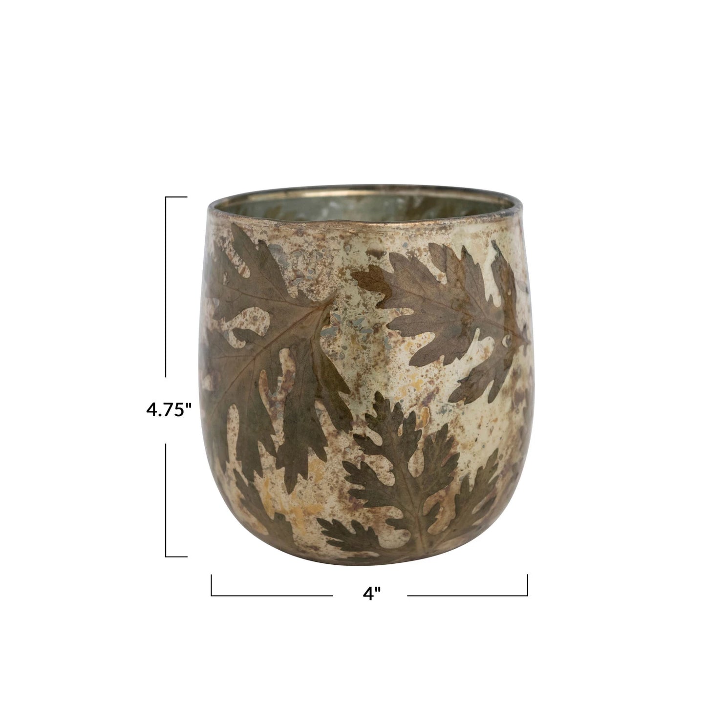 MERCURY GLASS VOTIVE HOLDER WITH EMBEDDED NATURAL OAK LEAVES