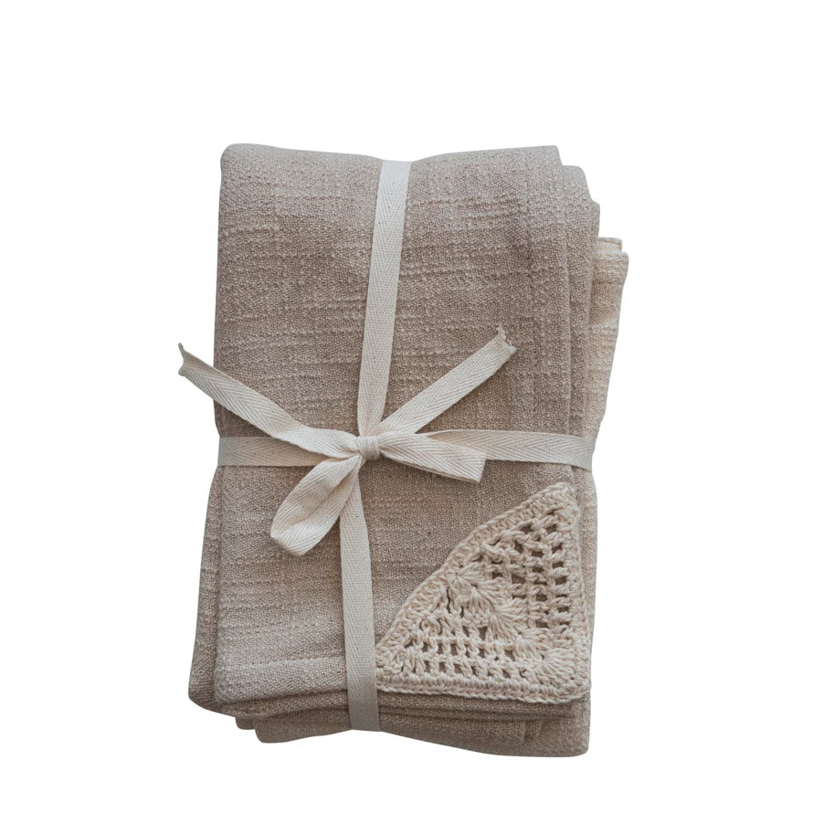 WOVEN COTTON TEA TOWELS, CROCHET DETAIL, SET OF 2