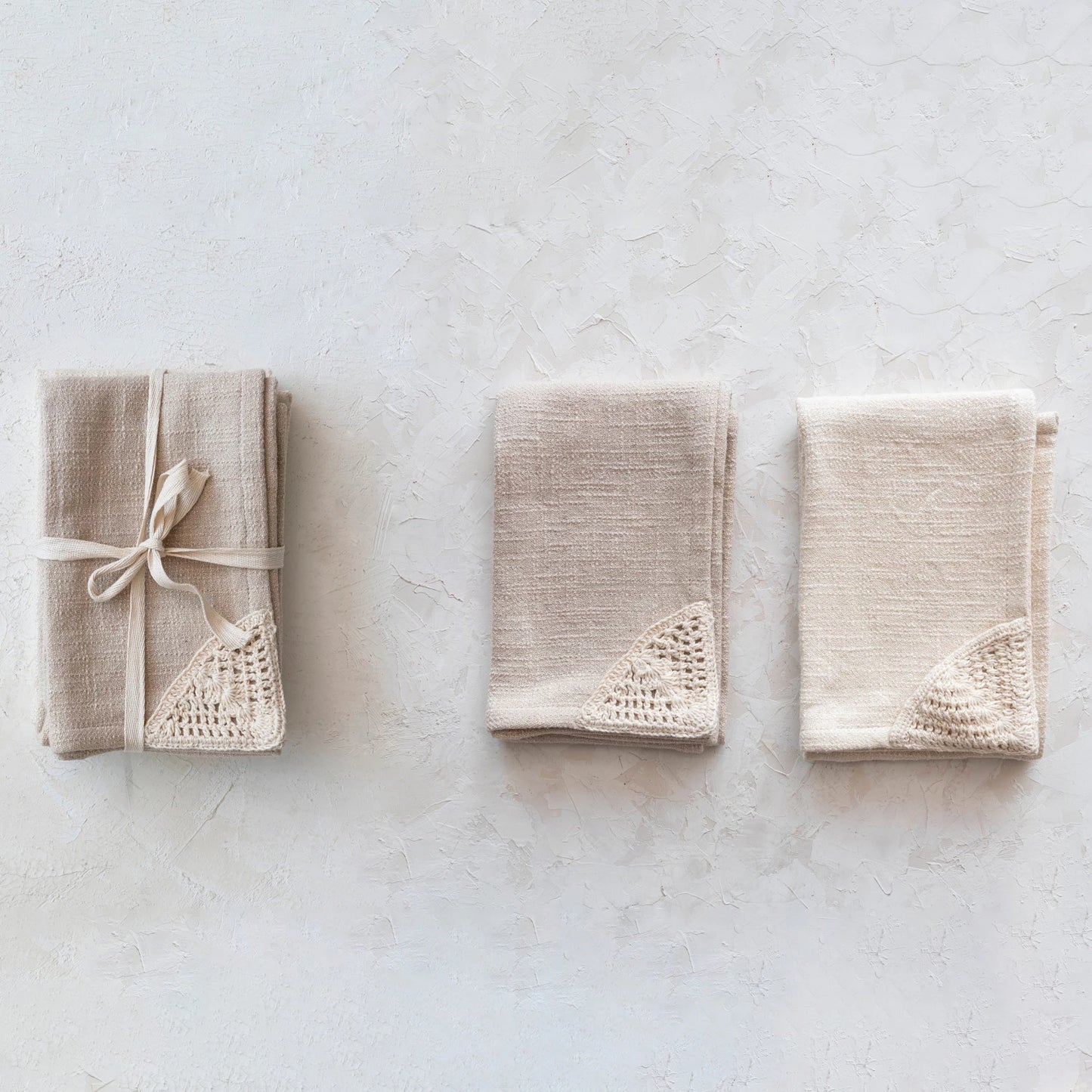 WOVEN COTTON TEA TOWELS, CROCHET DETAIL, SET OF 2
