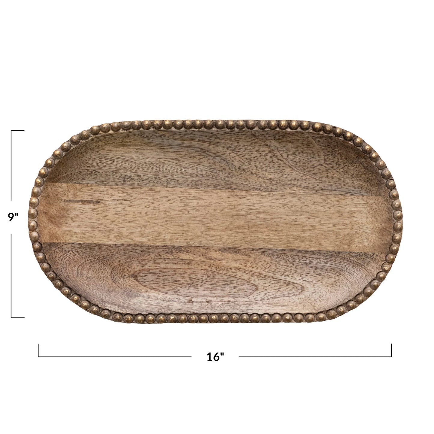 HAND CARVED MANGO WOOD TRAY WITH WOOD BEADS AND GOLD FINISH