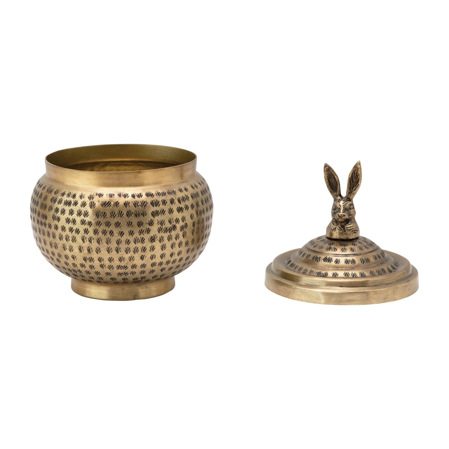 HAMMERED METAL CONTAINER WITH RABBIT FINIAL