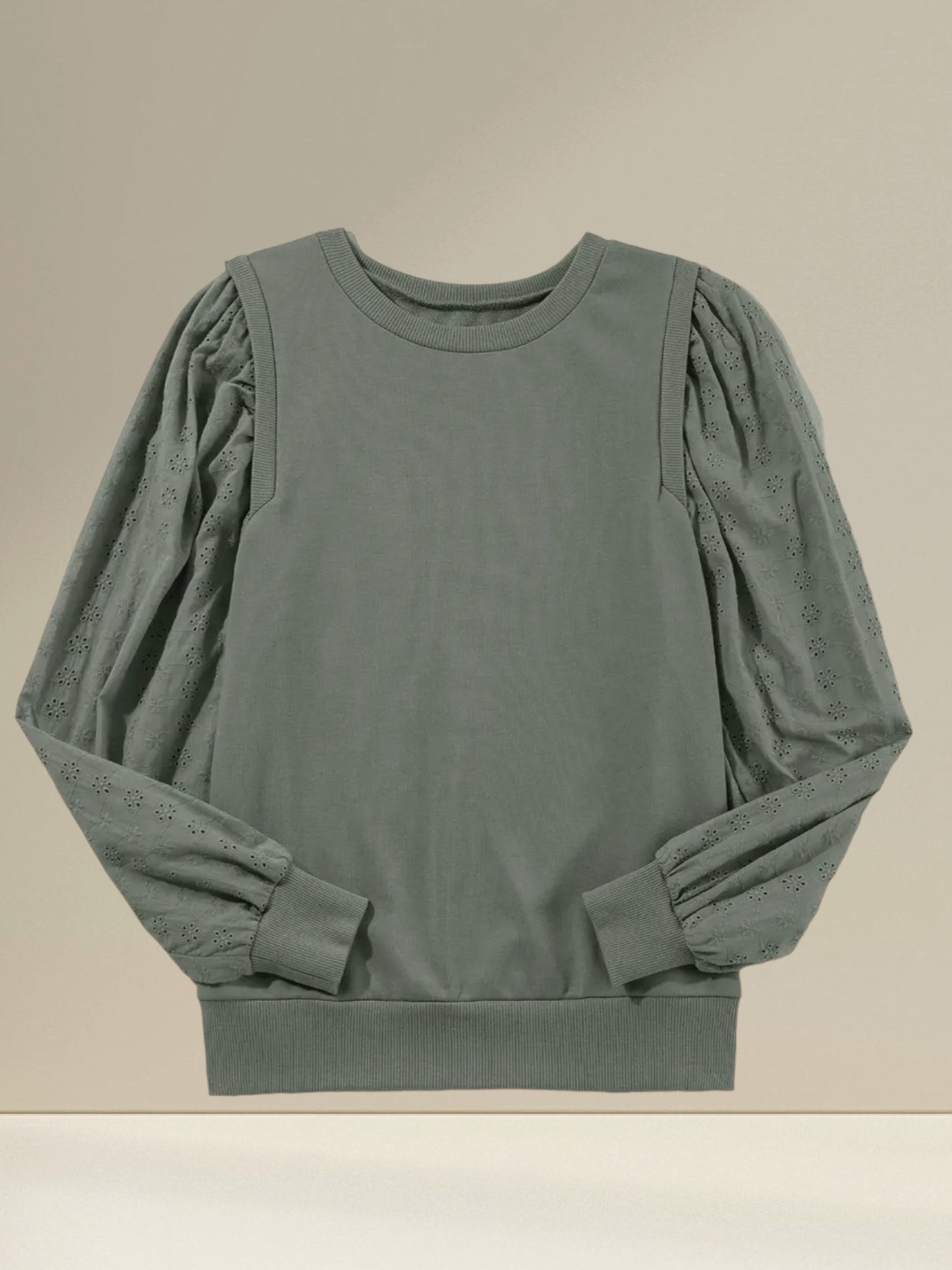 EYELET EMBROIDERED SLEEVE LIGHTWEIGHT SWEATSHIRT