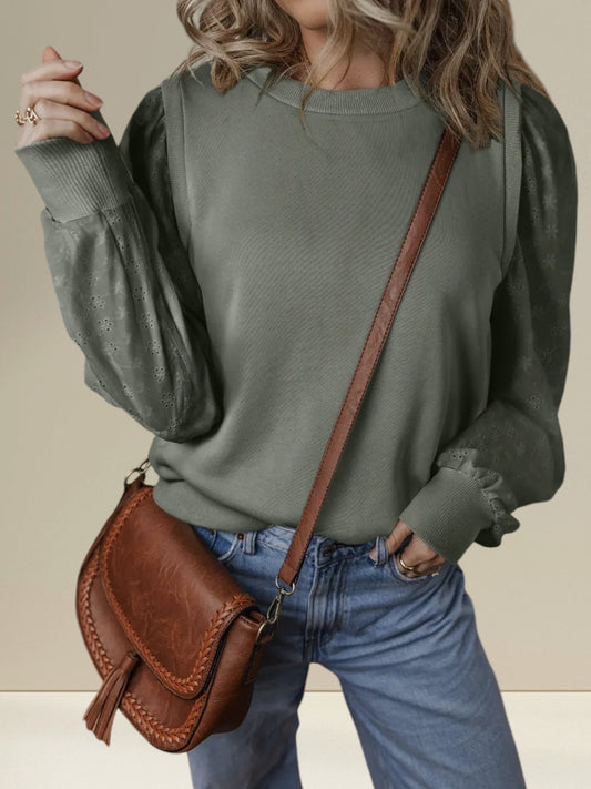 EYELET EMBROIDERED SLEEVE LIGHTWEIGHT SWEATSHIRT