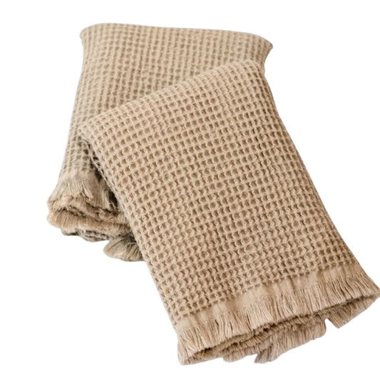 BEIGE WAFFLE FRINGE TOWEL SET