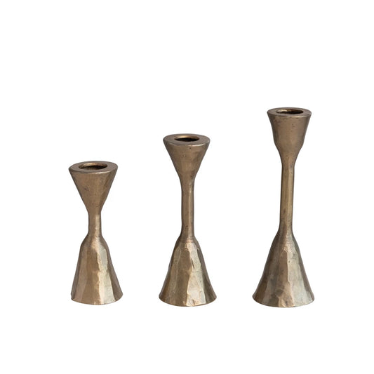 HAND FORGED IRON TAPERS- ANTIQUE BRASS FINISH, SET OF 3
