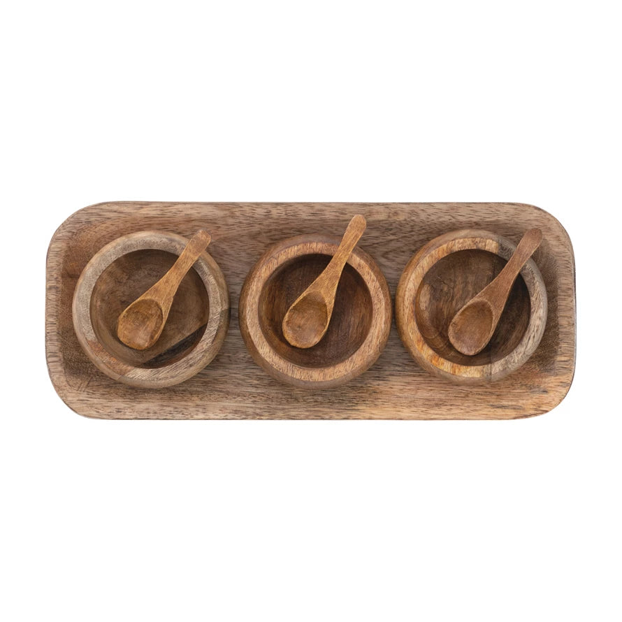 MANGO WOOD TRAY WITH 3 BOWLS & SPOONS, SET OF 7