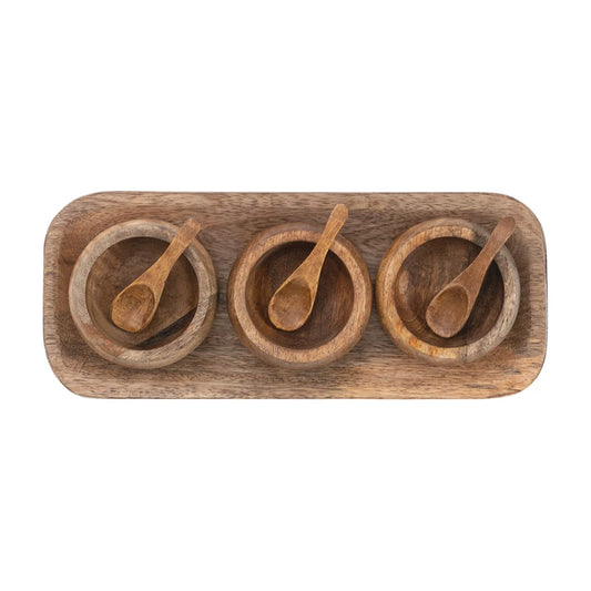 MANGO WOOD TRAY WITH 3 BOWLS & SPOONS, SET OF 7