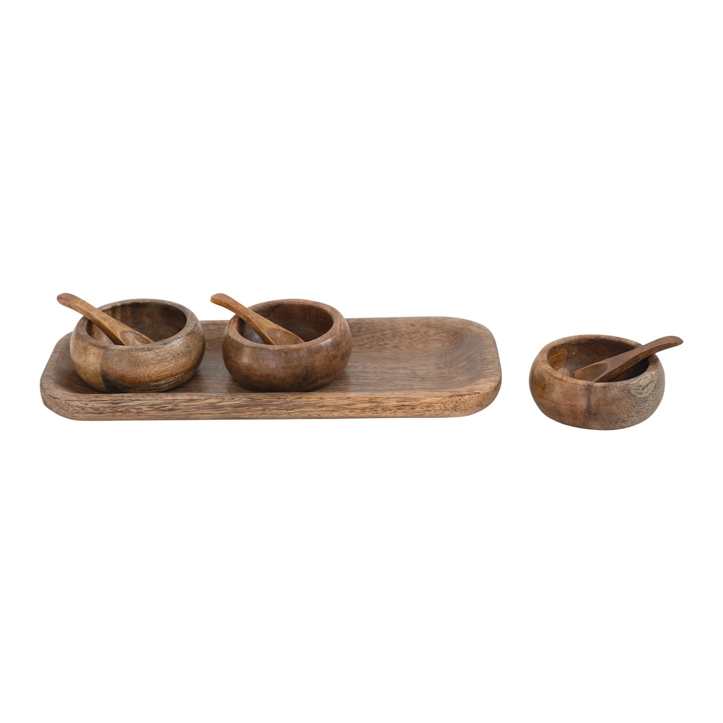 MANGO WOOD TRAY WITH 3 BOWLS & SPOONS, SET OF 7