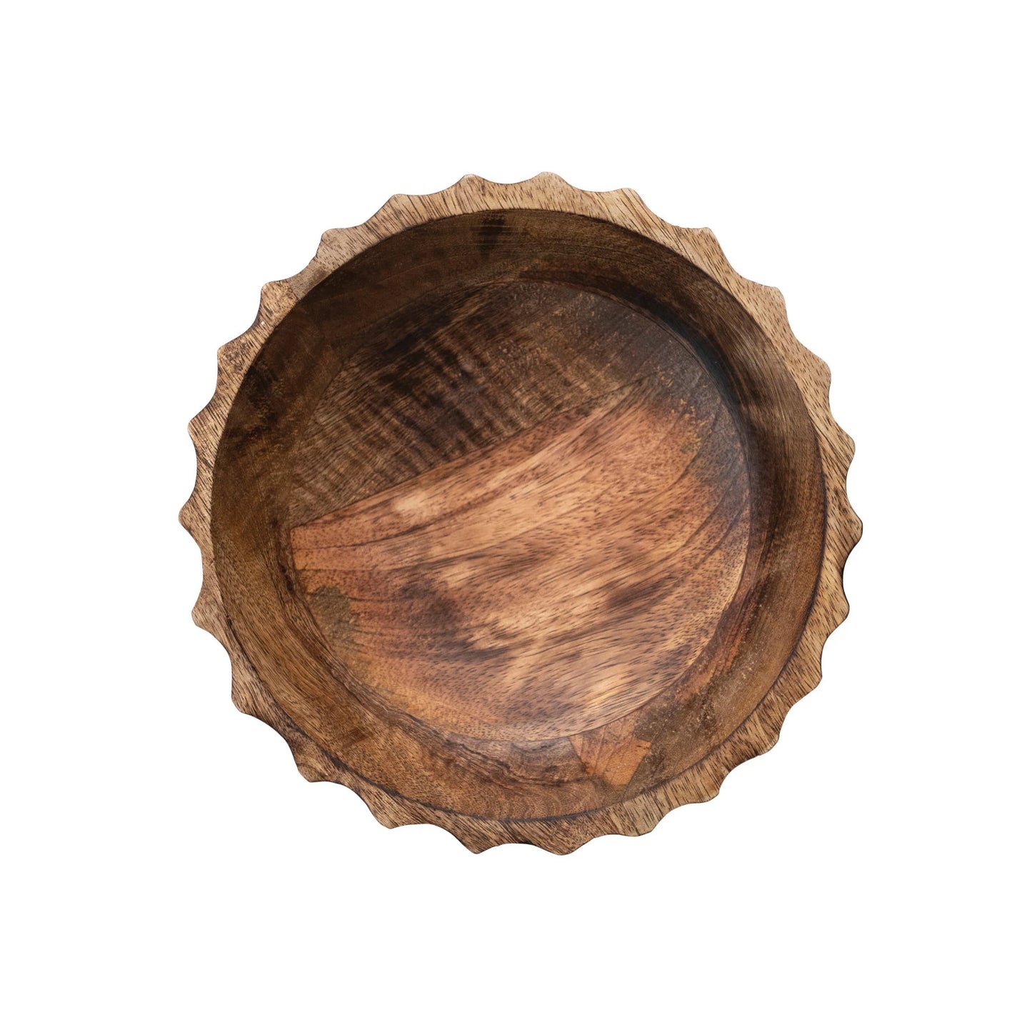 9.5" ROUND HAND CARVED MANGO WOOD FOOTED BOWL WITH SCALLOPED EDGE