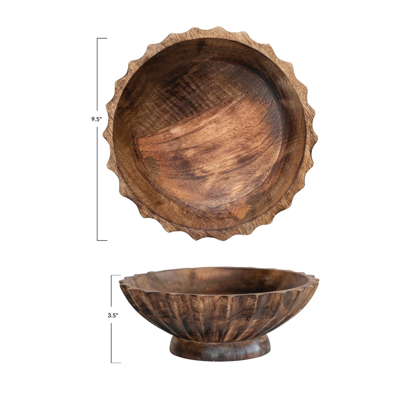 9.5" ROUND HAND CARVED MANGO WOOD FOOTED BOWL WITH SCALLOPED EDGE