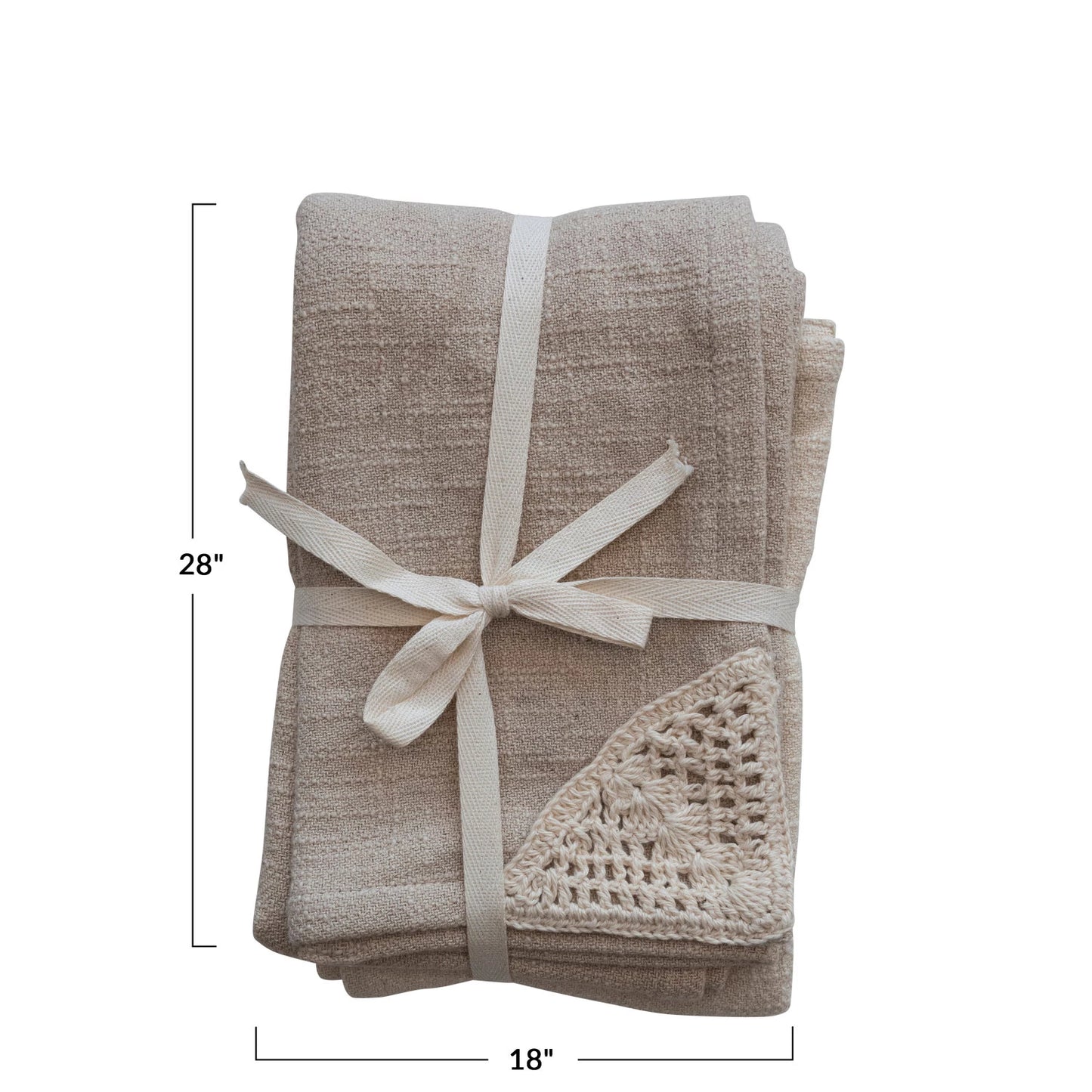 WOVEN COTTON TEA TOWELS, CROCHET DETAIL, SET OF 2