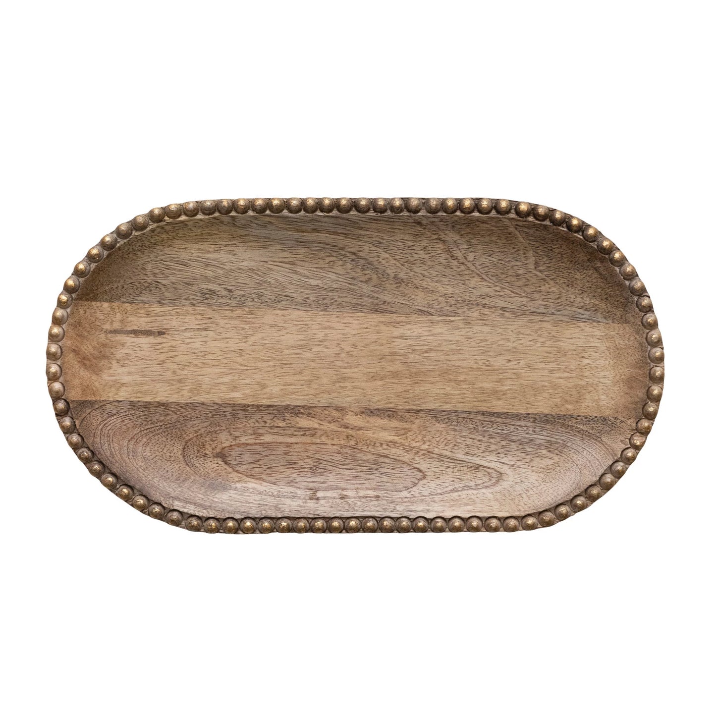 HAND CARVED MANGO WOOD TRAY WITH WOOD BEADS AND GOLD FINISH
